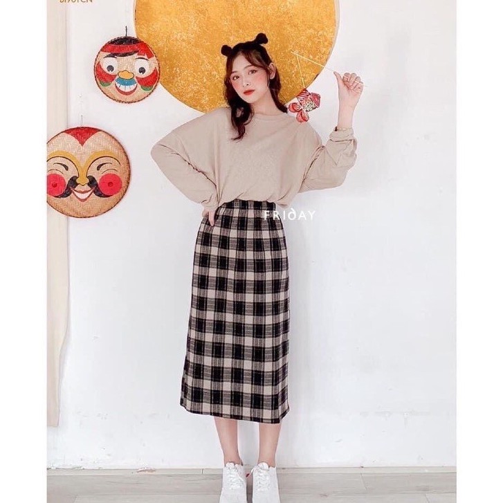 Chân váy dạ dài kẻ ulzzangg, chân váy dạ dáng dài đủ màu freesize (ảnh thật/sẵn/video/ chất dạ quảng châu) | BigBuy360 - bigbuy360.vn