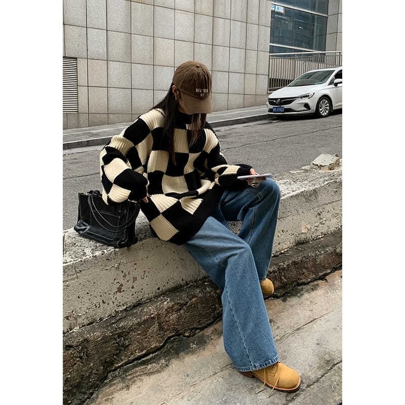 Áo len dài tay họa tiết ca rô thời trang dành cho nữ