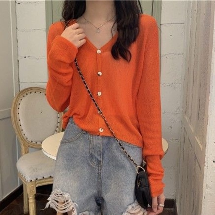 Áo Khoác Cardigan Dệt Kim Mỏng Màu Trơn Cổ Chữ V Tay Dài Chống Nắng Mùa Hè Phong Cách Mới
