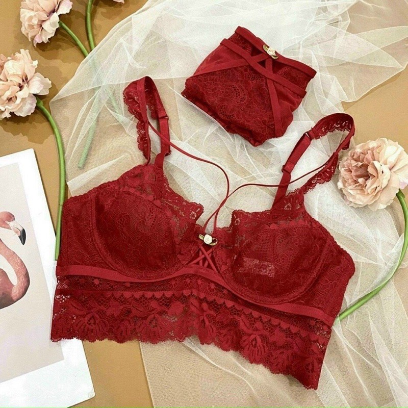 Bộ đồ lót B047 Charm đính hoa dây chéo có gọng không mút