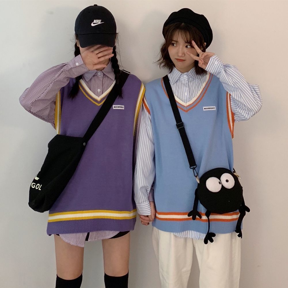 Set Áo Khoác Len Không Tay + Áo Sơ Mi Dài Tay Phong Cách Trẻ Trung Cho Nữ