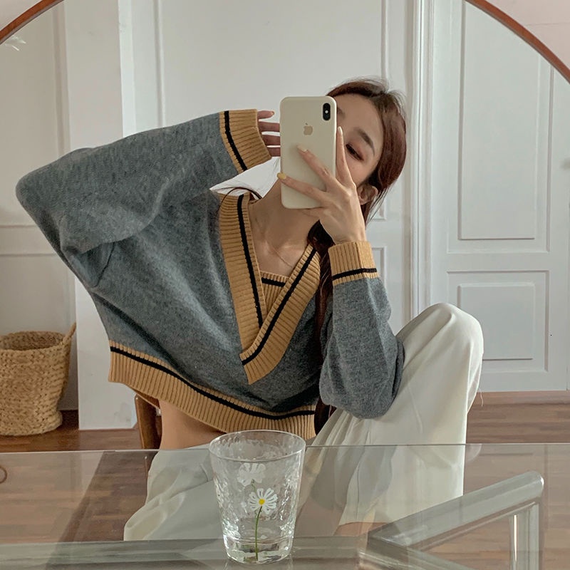 Áo len tay dài cổ chữ v màu sắc thời trang phong cách Hàn Quốc dành cho nữ