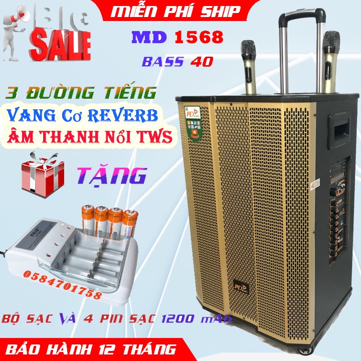 Loa kéo loa karaoke MD 1568 Bass 40 thùng loa gỗ, Tích hợp công nghệ Vang Cơ REVERB và công nghệ âm thanh nổi TWS