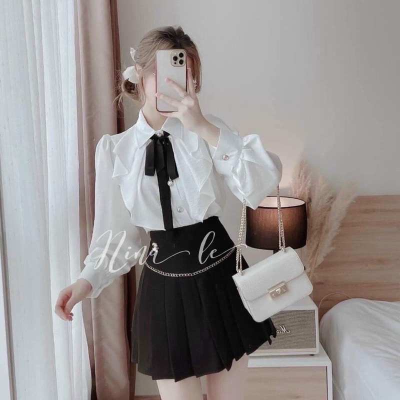 Áo sơ mi nữ - Áo sơ mi phối dây nơ đen tiểu thư_888