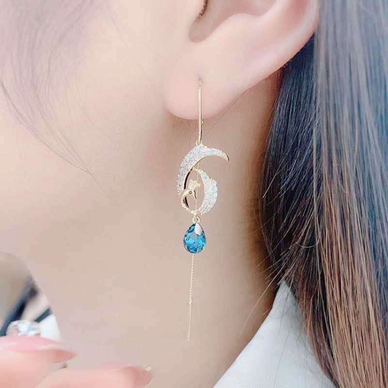 Khuyên Tai Dáng Dài Đính Hình Phượng Hoàng Xanh Phối Tua Rua Thời Trang Cao Cấp Phong Cách Hàn Quốc