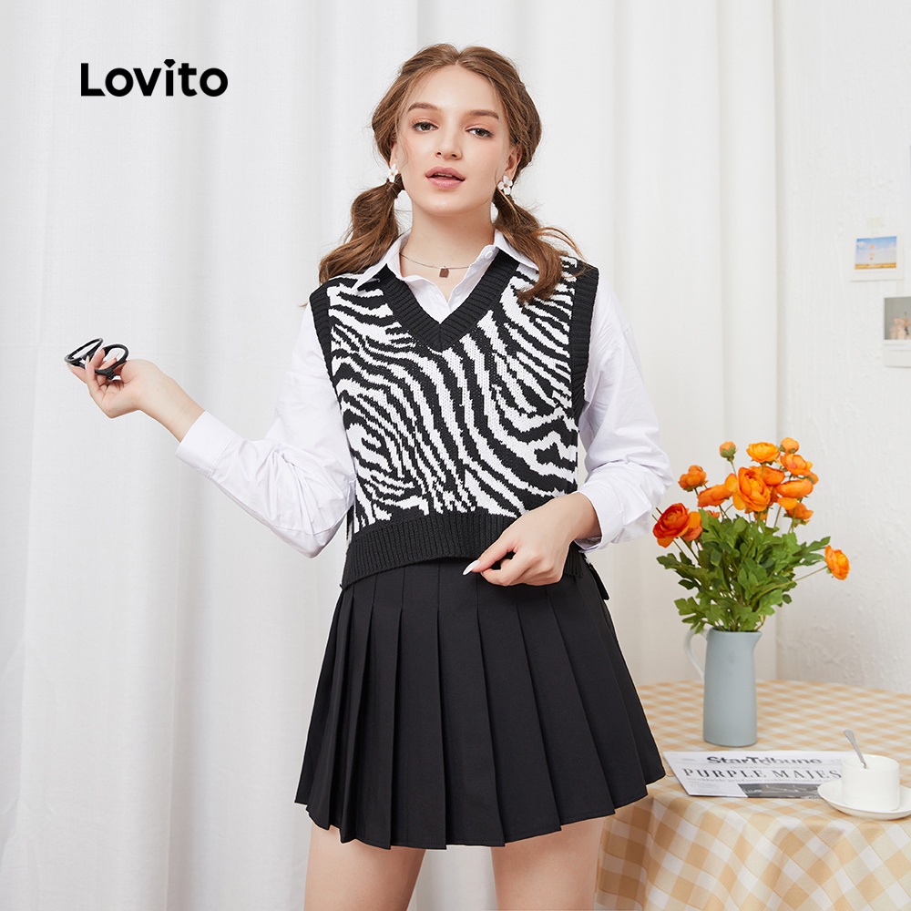  Áo dệt kim Lovito phong cách Preppy sọc ngựa vằn cổ V L08048 (màu đen và trắng) | BigBuy360 - bigbuy360.vn