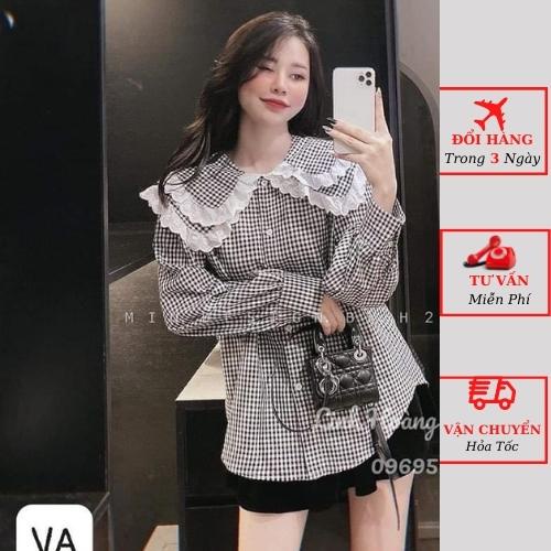Áo sơ mi babydoll kẻ caro viền bèo cổ sen tiểu thư bánh bèo ulzzang Hàn Quốc