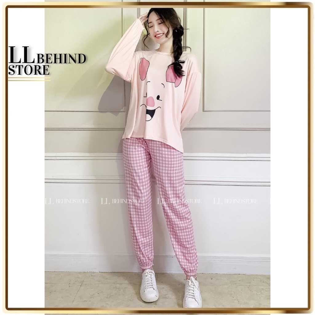 Bộ ngủ nữ dài tay thu đông cotton họa tiết cute dáng rộng chất vải mềm mại LL Behind Store - Sq021 | BigBuy360 - bigbuy360.vn
