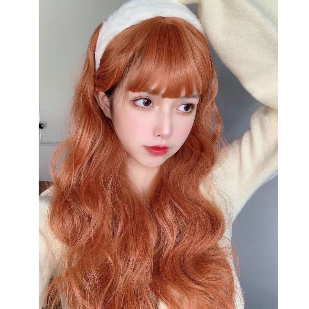 Tóc giả nguyên đầu màu cam, xù lửng 45cm, tặng kèm lưới trùm wig