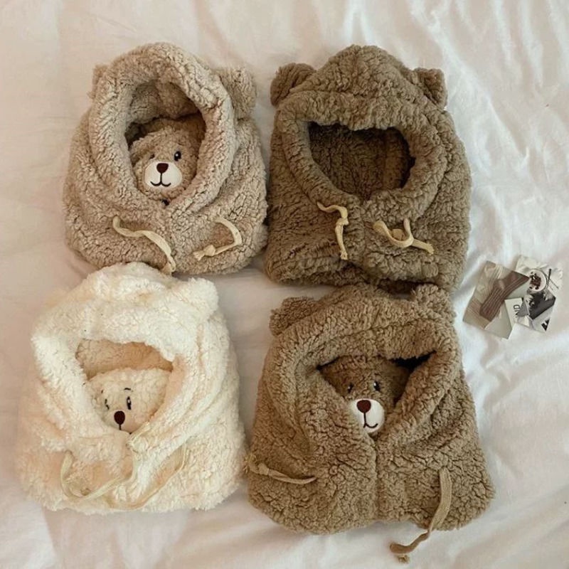 Khăn Choàng Cổ Vải Dày In Hình Gấu Dễ Thương 114454 Mũ Trùm Đầu Kiêm Mặt Nạ Chống Gió Vải Lông Cừu Thời Trang Đi Xe Đạp