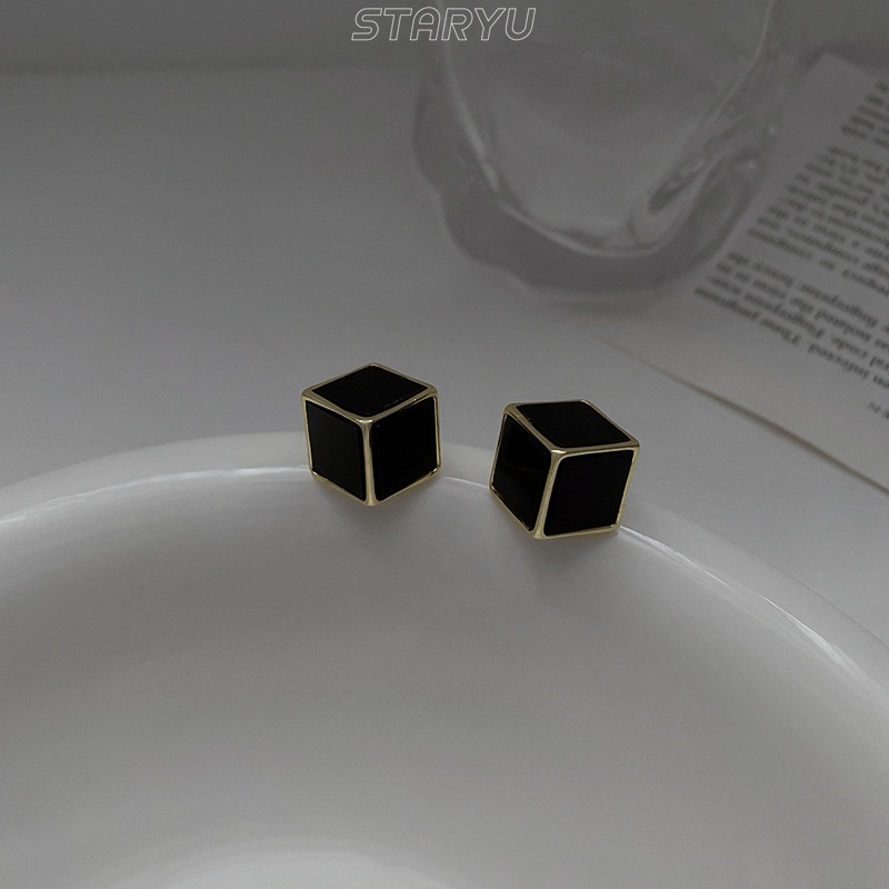 Bông Tai Xỏ Lỗ Hình Khối Bằng Bạc S925 Màu Trắng/ Đen Thời Trang Cho Nữ