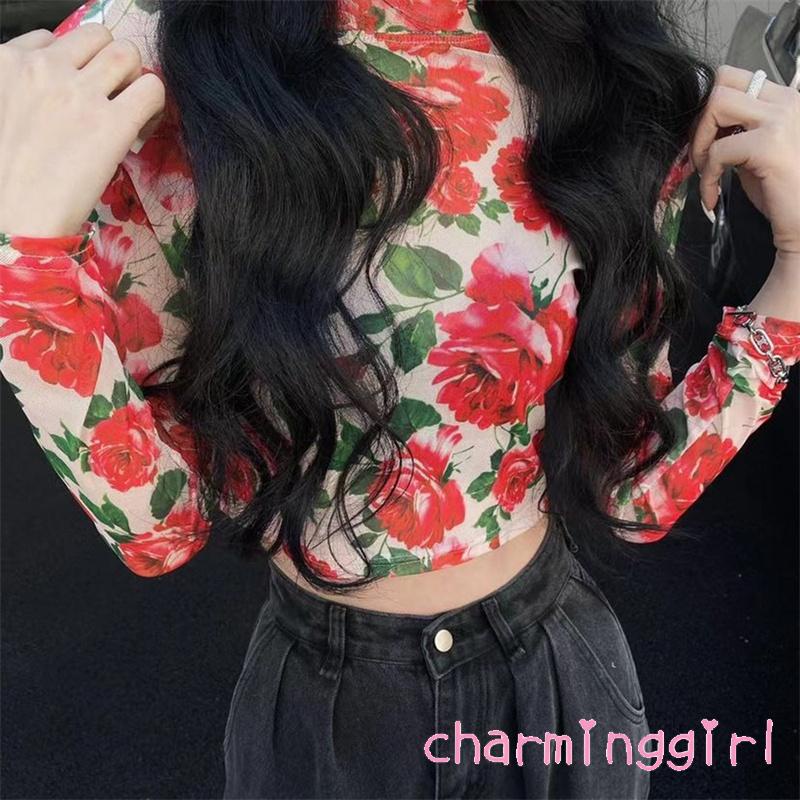 Áo Croptop Tay Dài Cổ Tròn In Họa Tiết Hoa Phong Cách Retro Dành Cho Nữ