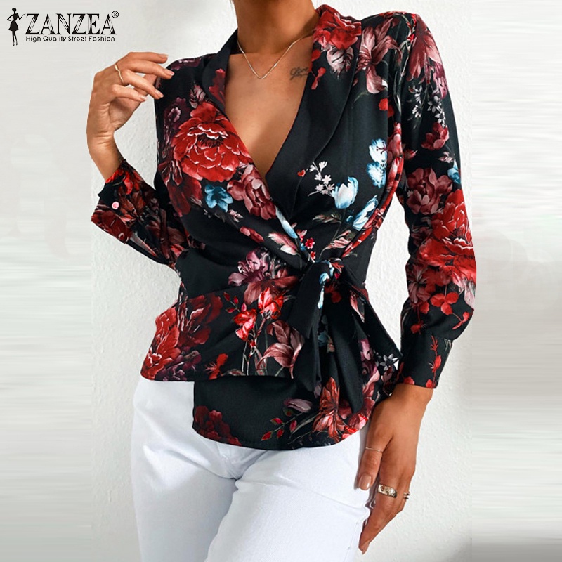 Áo khoác blazer nữ ZANZEA tay dài cổ đắp chéo in hoa phong cách châu Âu