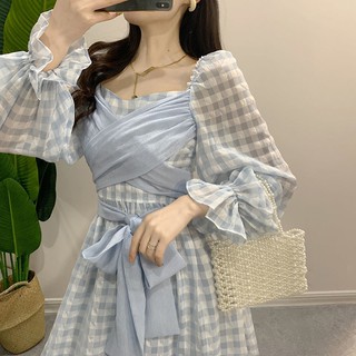 ĐẦM ULZZANG KIỂU CÔNG CHÚA CARO XANH