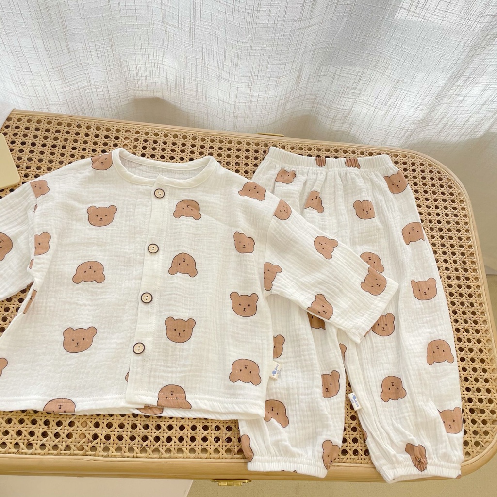 Đồ bộ bé trai bé gái hình mặt gấu năng động cá tính, Set quần áo sơ sinh vải xô Muslin tay lỡ Hàn Quốc