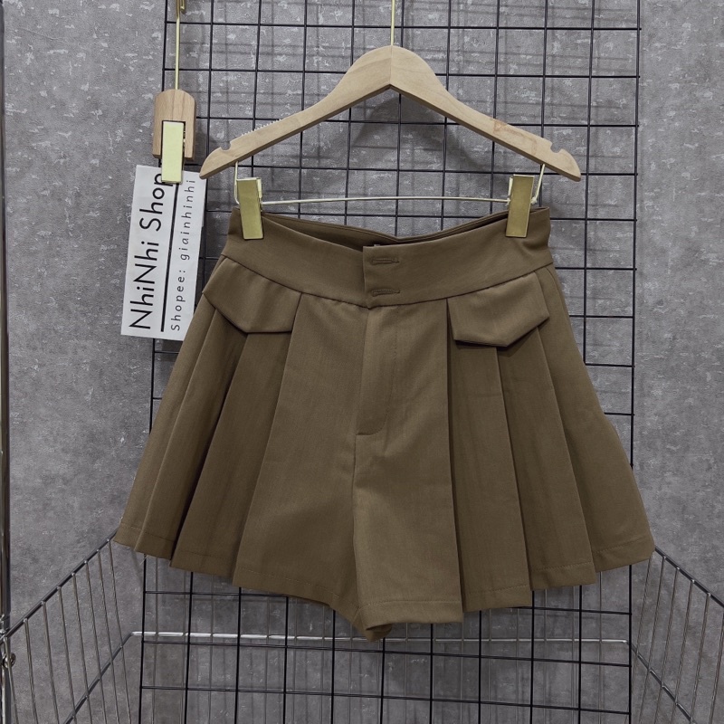 Quần short nữ xếp ly lưng cao quần xếp li giả váy dáng chữ a túi hộp trước chất tuyết mưa dày dặn phong cách ulzzang