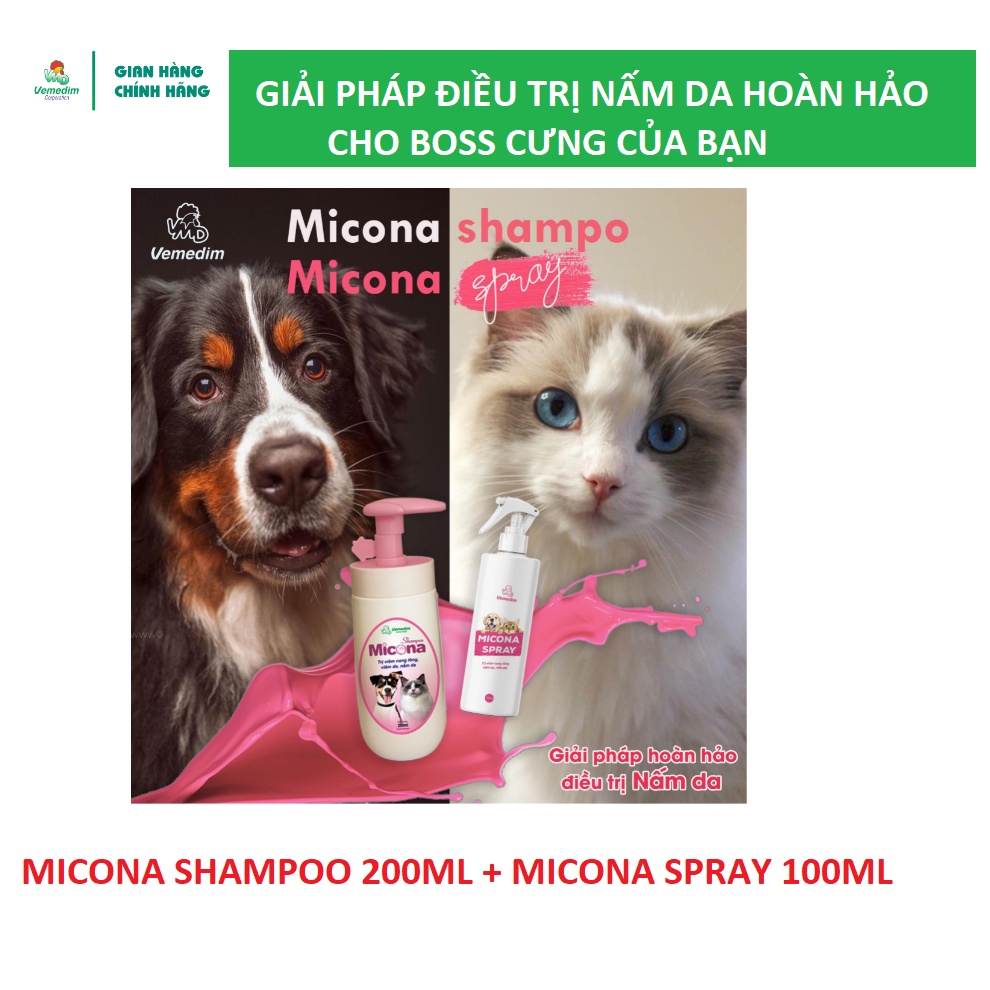 Combo Micona shampo sữa tắm trị nấm cho chó mèo và Micona Spray xịt trị nấm da cho chó, mèo