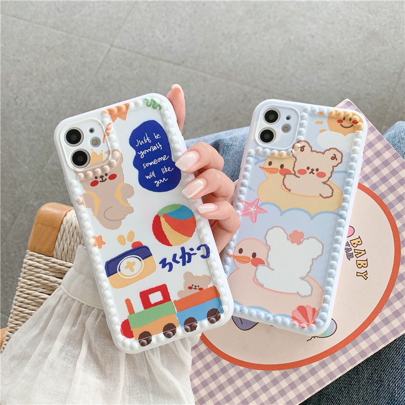 Ốp lưng iphone - Ốp iphone viền chấm bi gấu và vịt  7plus/ 8plus / x / xs / xs max / 11 /11 promax Dino Case