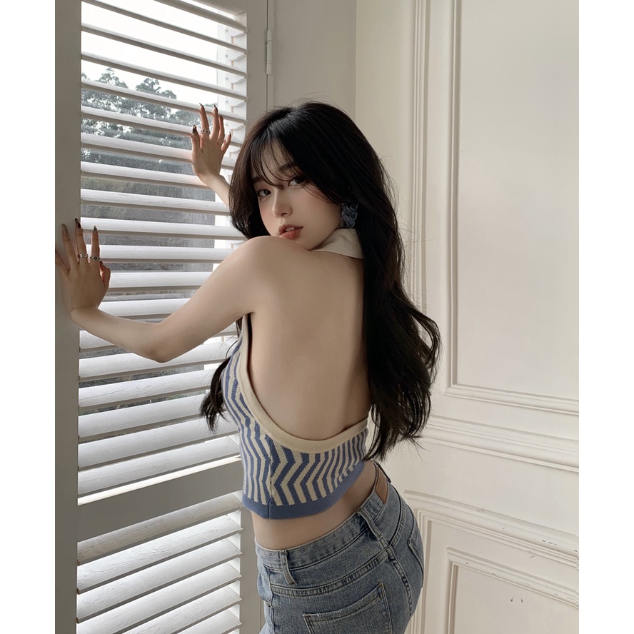 SUXI Áo tank top màu xanh thiết kế gợn sóng quyến rũ cho nữ