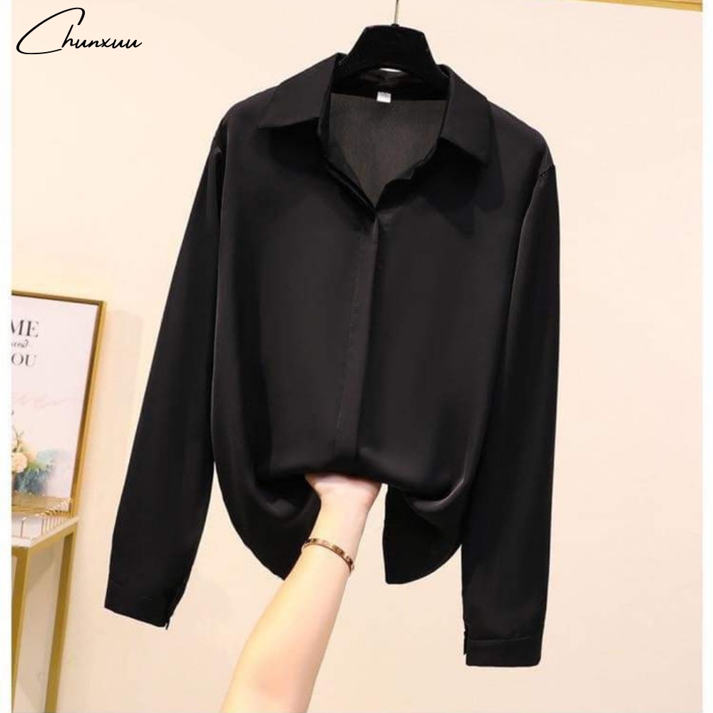 Áo sơ mi công sở nữ đẹp kiểu Hàn Quốc form rộng tay dài chất lụa cao cấp màu ĐEN, TRẮNG Chun-SM01SP