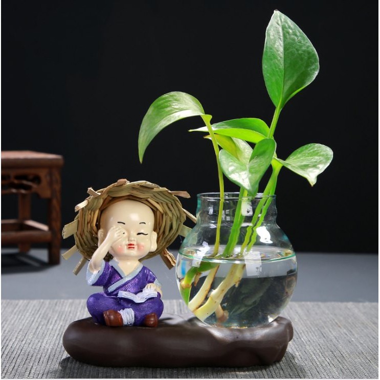 Bộ 4 Tượng Chú Tiểu Đội Nón Rơm Kèm Bình Thủy Sinh Trồng Cây Biểu Cảm Dễ Thương Để Bàn Trang Trí Góc Làm Việc - Go Home