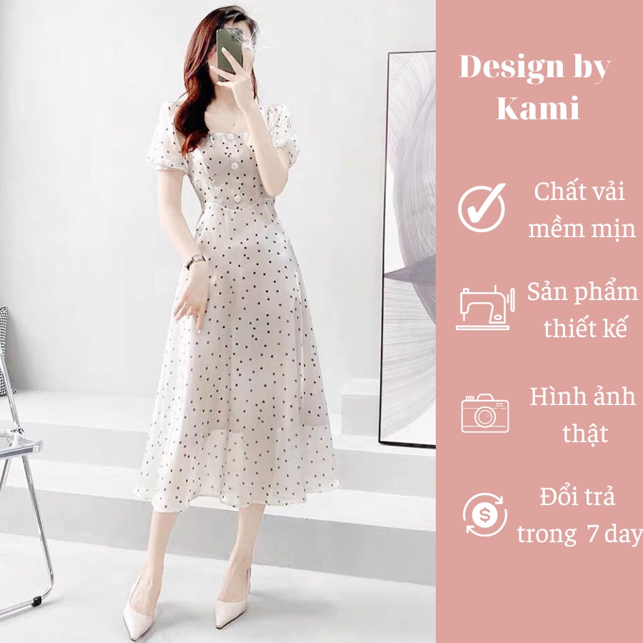 Váy chấm bi trắng dáng dài Hani chất voan tơ lụa hai lớp size SML hàng thiết kế cao cấp Design by Kami