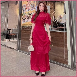 Set áo dài cách tân anvi áo dài tết may sẳn đỏ 4 tà chất voan tơ 2 lớp phối quần suông ống rộng thiết kế cao cấp.