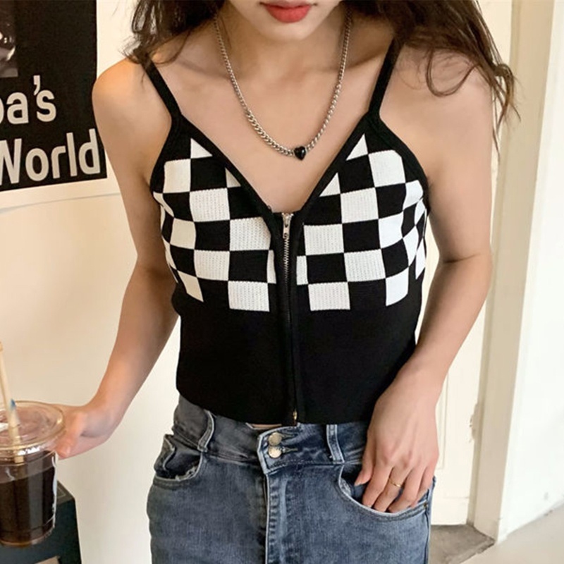 Áo Croptop Hai Dây Dệt Kim Cổ Chữ V Họa Tiết Sọc Caro Phối Khóa Kéo Thời Trang Cho Nữ