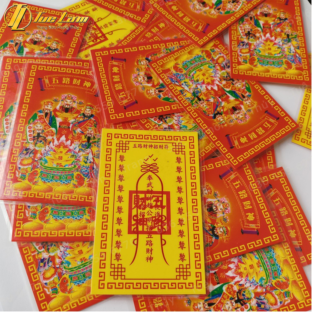 Ngũ Lộ Thần Tài phù bản ép plastic màu đỏ siêu bền, mỏng - để ốp điện thoại, ví tiền - Khai cung Tài, Mở cung Lộc