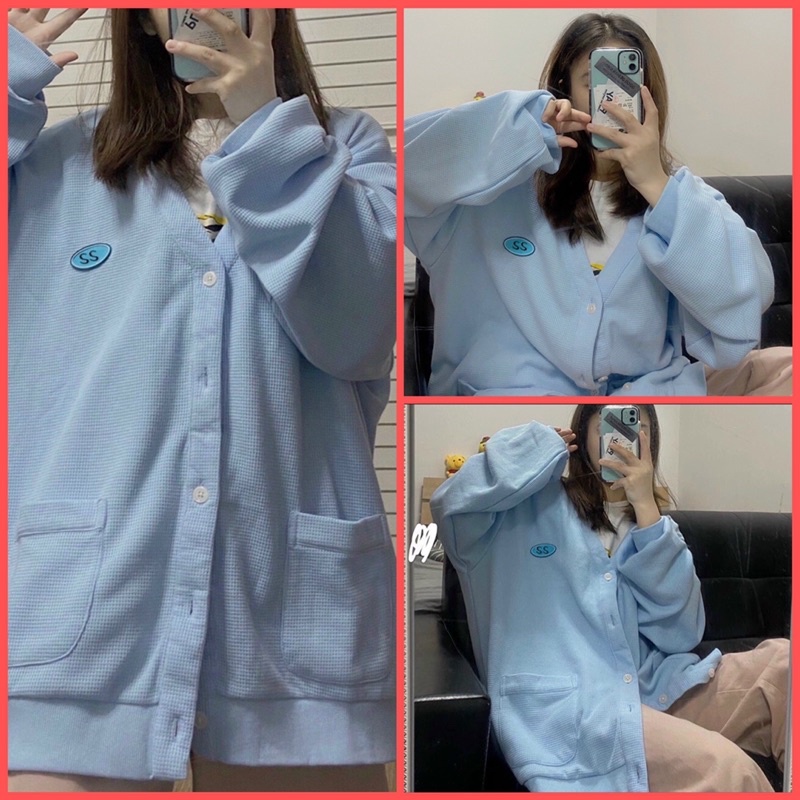 Áo Khoác Cadigan Nỉ Xanh 🎀Áo nỉ tông xanh dương hottrend 2021,vải gân tăm from ulzzang