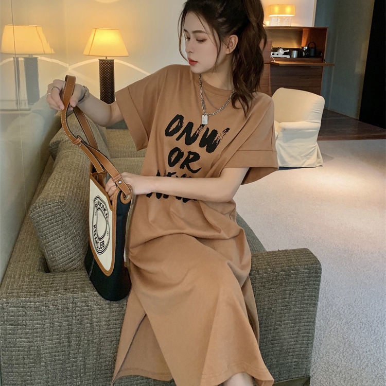Đầm Thun Dài Dáng Rộng Tay Ngắn In Chữ Phong Cách Mới Mùa Hè Cho Nữ