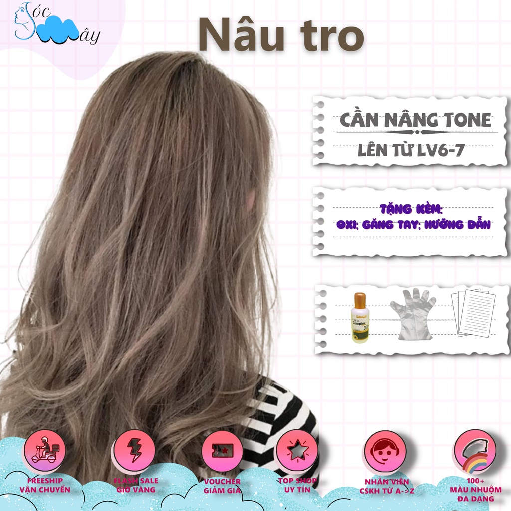 Một bộ thuốc nhuộm tóc màu Nâu tro + tặng oxy trợ nhuộm (tặng kèm gang tay và HDSD)
