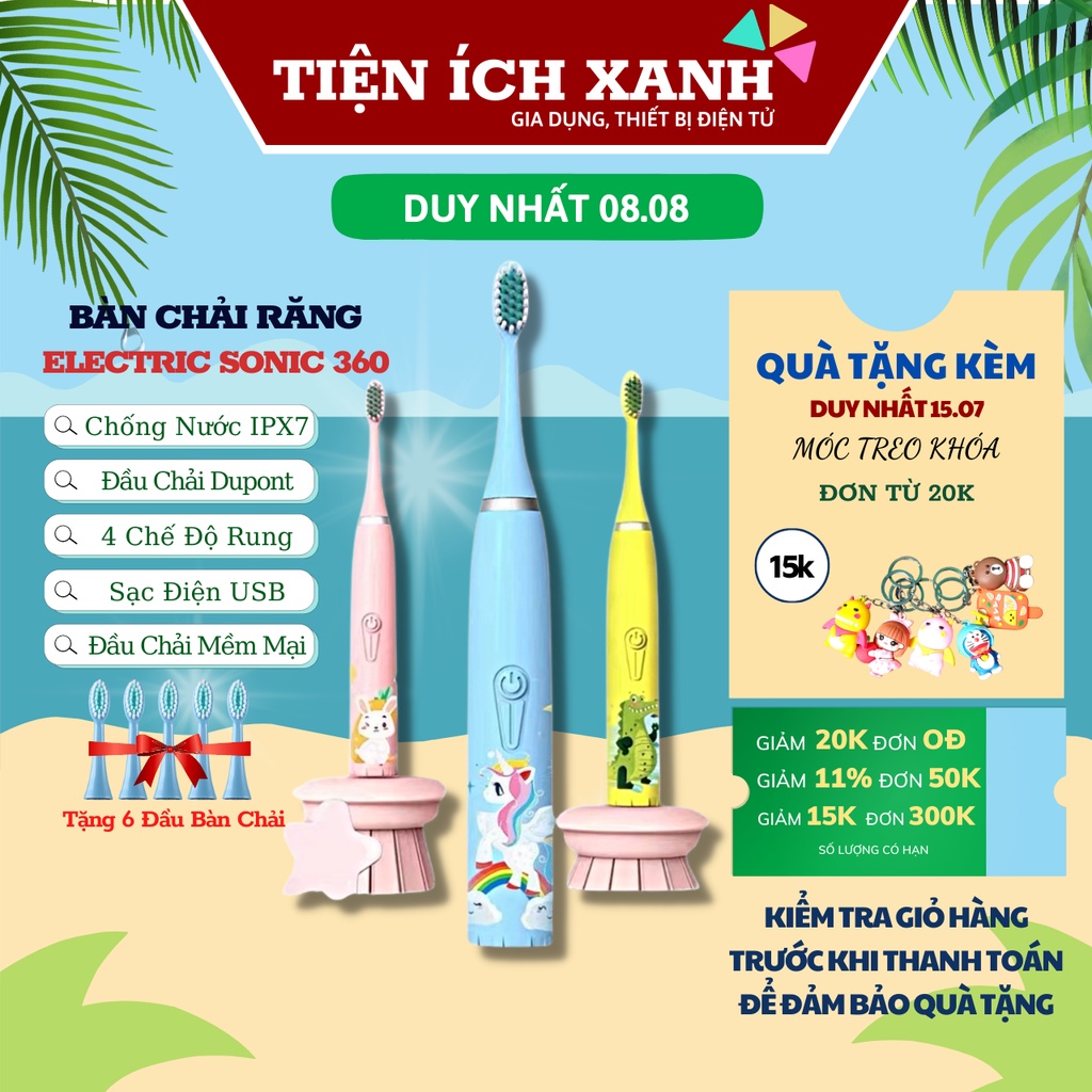 Bàn chải đánh răng điện sonic cho bé, bảo vệ răng nướu cho bé 3-15 tuổi (tặng kèm 6 đầu bàn chải thay thế)