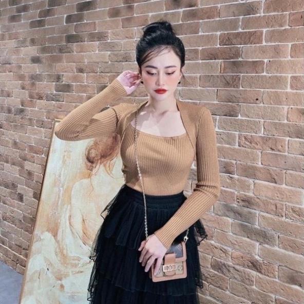 Áo thun len tăm nữ dệt kim tay dài cổ vuông dáng ôm kiểu Hàn Quốc | BigBuy360 - bigbuy360.vn