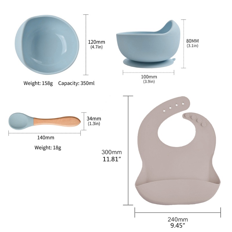 Bộ 3 Sản Phẩm Gồm Bát Ăn + Muỗng + Bát Bằng Silicone Cấp Thực Phẩm Chống Thấm Nước Không Chứa BPA Cho Bé