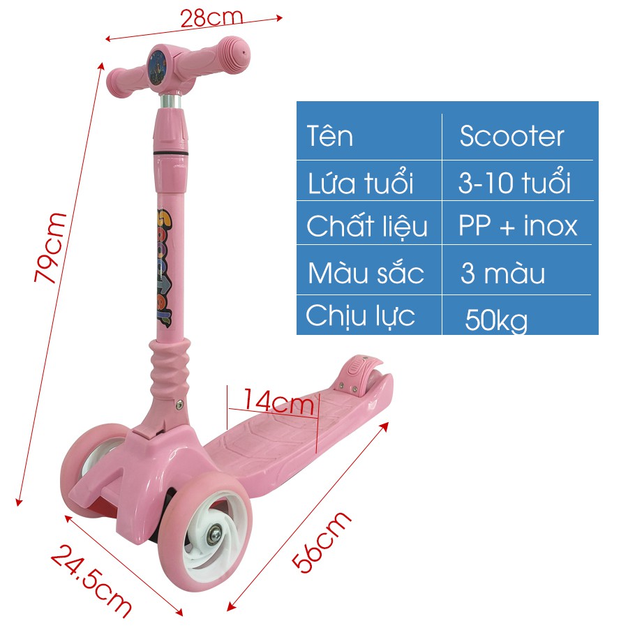 Xe trượt scooter 3 bánh phát sáng JC750  - Bánh xe cao su có đèn phát sáng, gấp gọn, an toàn cho bé