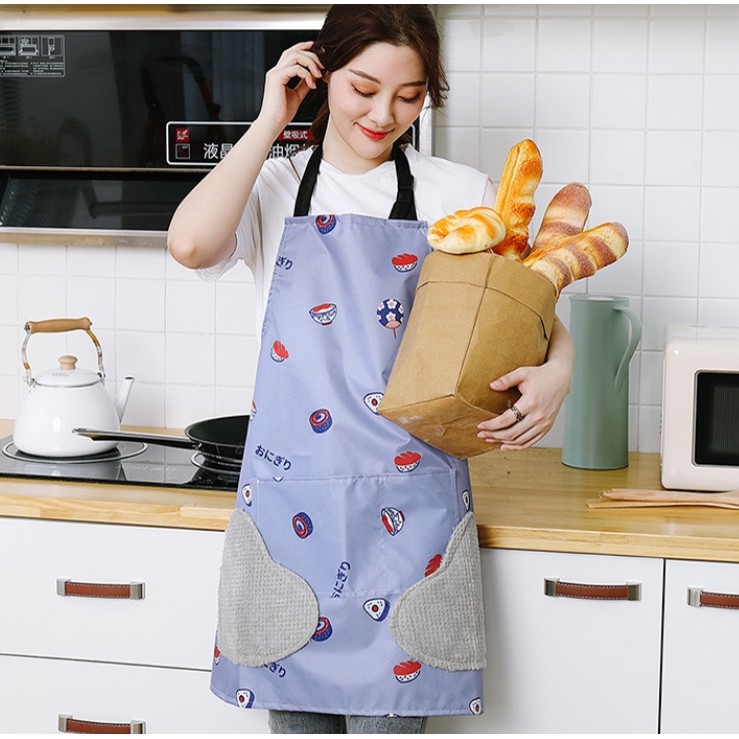 Tạp dề nội trợ dạng yếm in hình màu TÍM có túi, chống nước, chống dầu mỡ, có thể lau tay trực tiếp siêu tiện dụng