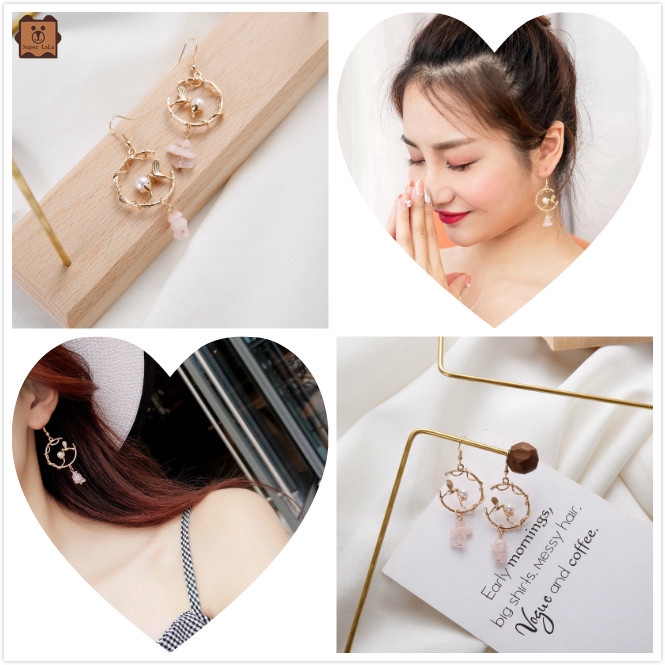 Đôi bông tai dáng dài gắn vòng cung đính ngọc và hình chim cho nữ