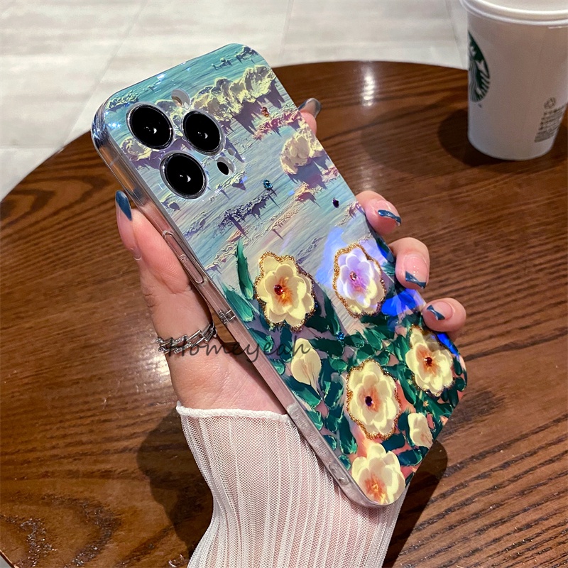 Ốp Điện Thoại Mềm Bo Viền Họa Tiết Tranh Sơn Dầu Đính Đá Blu-ray Cho iPhone 11 12 13 Pro Max X XR Xs Max