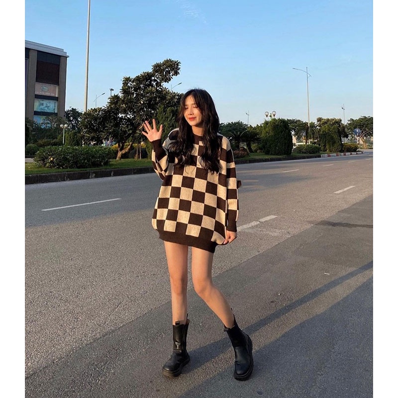 Áo Len Ô Vuông Form Dấu Quần Dày Hàng Loại 1 M1306-Violet