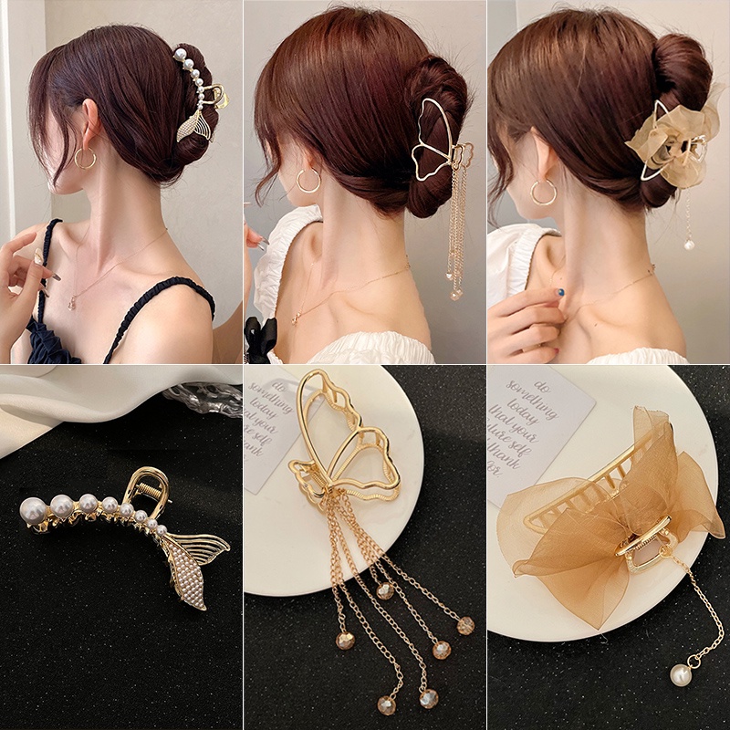 Kẹp tóc kim loại hình bướm đính ngọc trai giả thời trang cho nữ