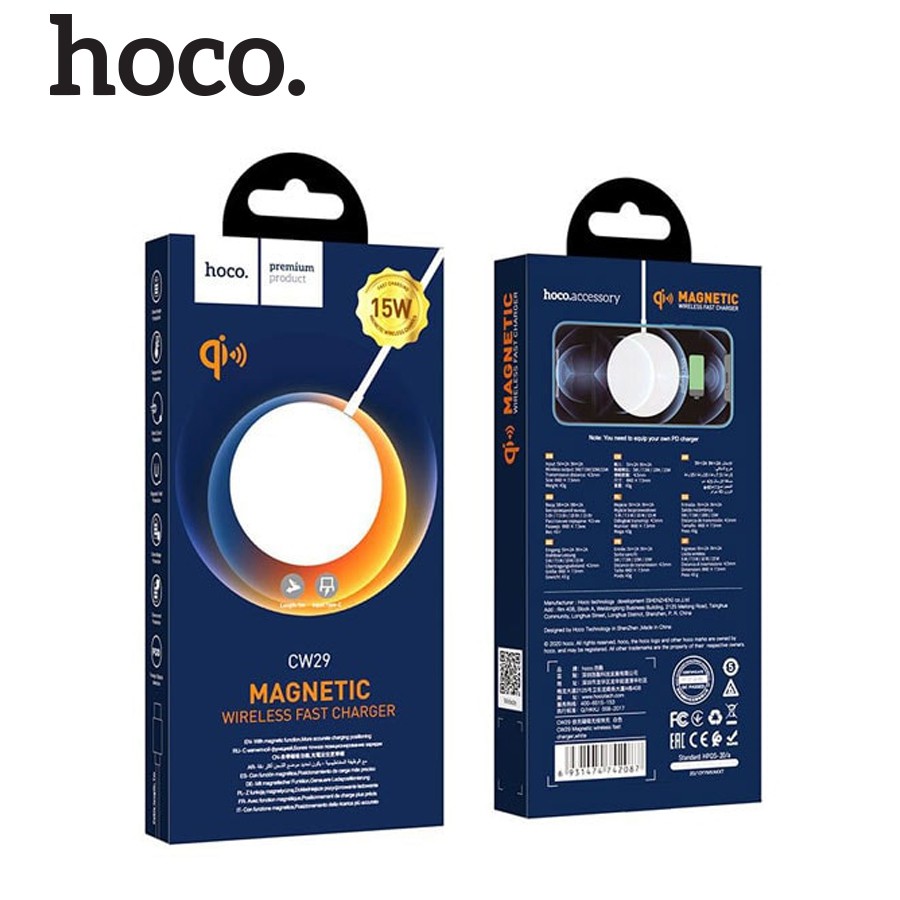 Đế sạc không dây Hoco CW29 sạc nhanh 15W, hỗ trợ sạc cho nhiều thiết bị có tính năng không dây, từ tính nam châm, 1m