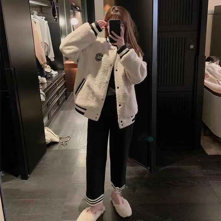 Áo Khoác Bóng Chày Giả Lông Cừu Dày Dặn Dáng Rộng Thời Trang Thu Đông Phong Cách Hàn Quốc Cho Nữ