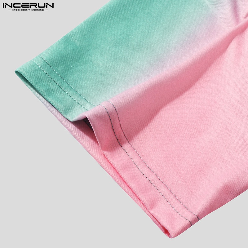 INCERUN Áo Thun Tay Ngắn Cổ Tròn In Màu Nhuộm Thời Trang Mùa Hè Cho Nam