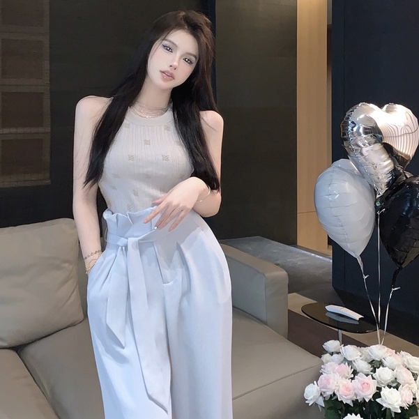 Set Áo Hai Dây Dệt Kim + Quần Short Lưng Cao Phong Cách Hàn Quốc Cho Nữ