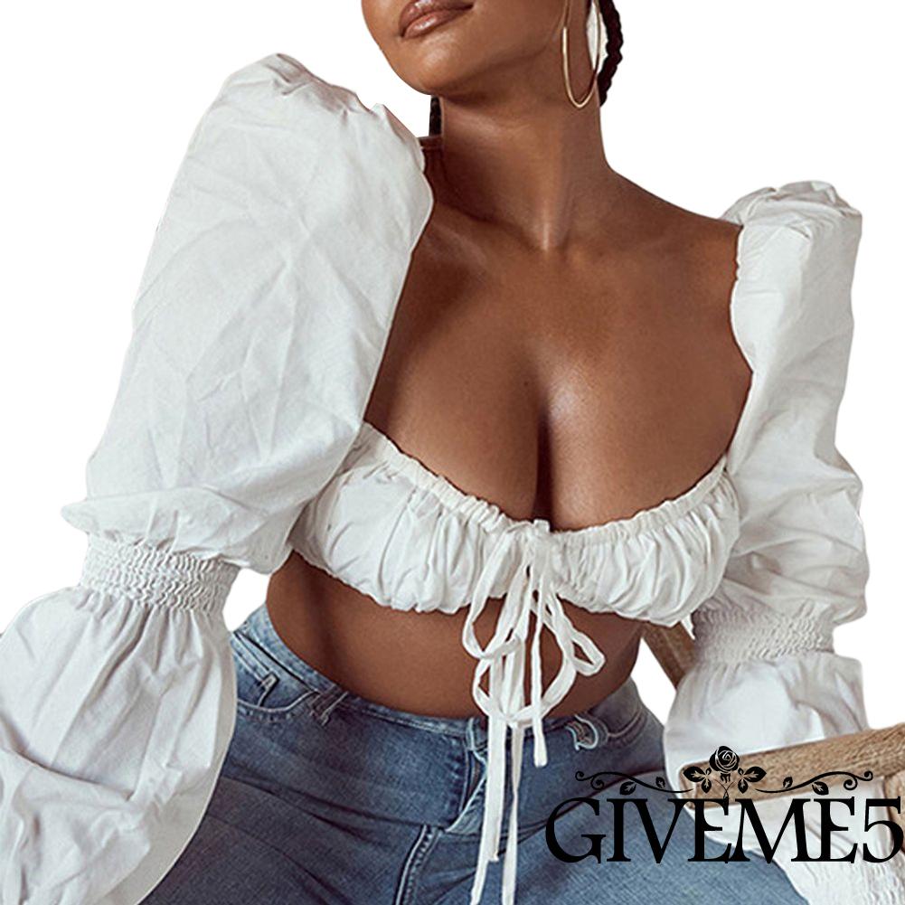 Áo Lửng Tay Phồng Thắt Nơ Thời Trang Dịu Dàng Dành Cho Nữ