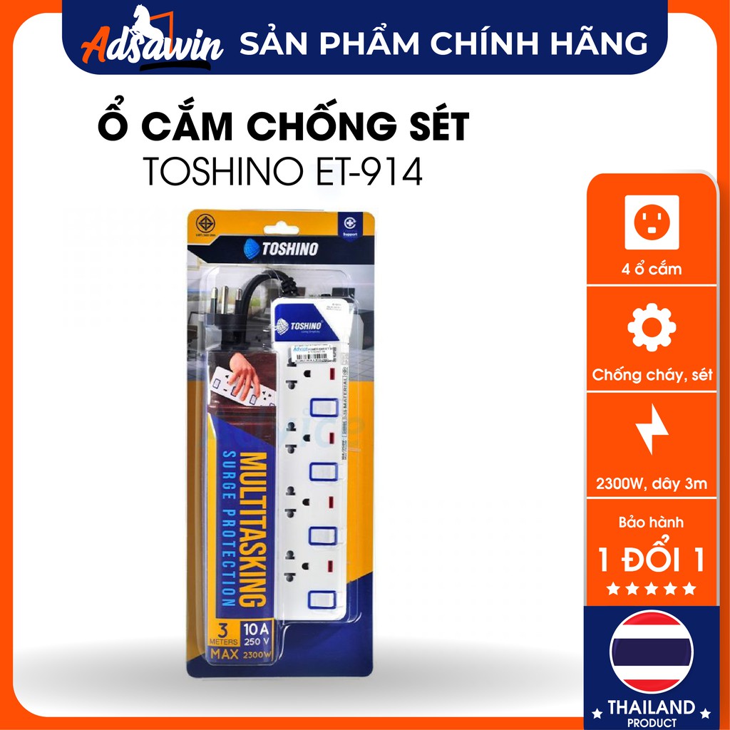 Chống Sét-Ổ cắm cao cấp chống sét,chống cháy cao cấp Toshino ET915