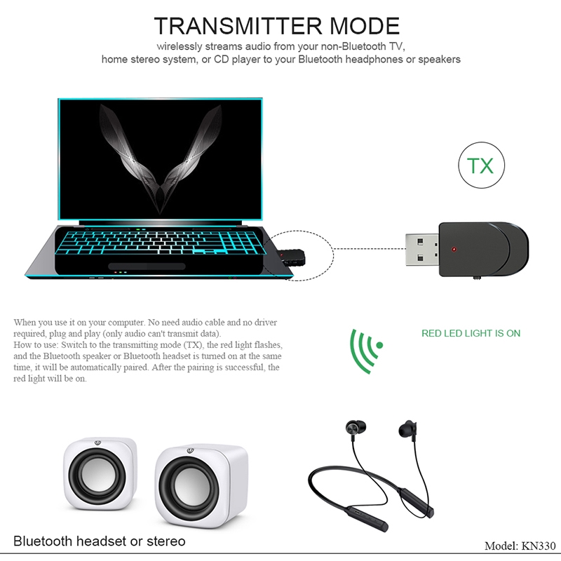 USB thu phát tín hiệu âm thanh 2 trong 1 không dây kết nối bluetooth 5.0 mini jack 3.5mm dành cho TV/đầu PC xe hơi