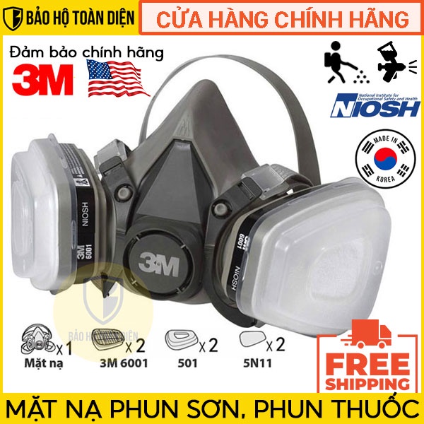 (CHÍNH HÃNG) Bộ Mặt nạ phòng độc 3M 6200 chống bụi, chống độc (full bộ 7 món) - Mặt nạ phun thuốc, phun sơn cao cấp