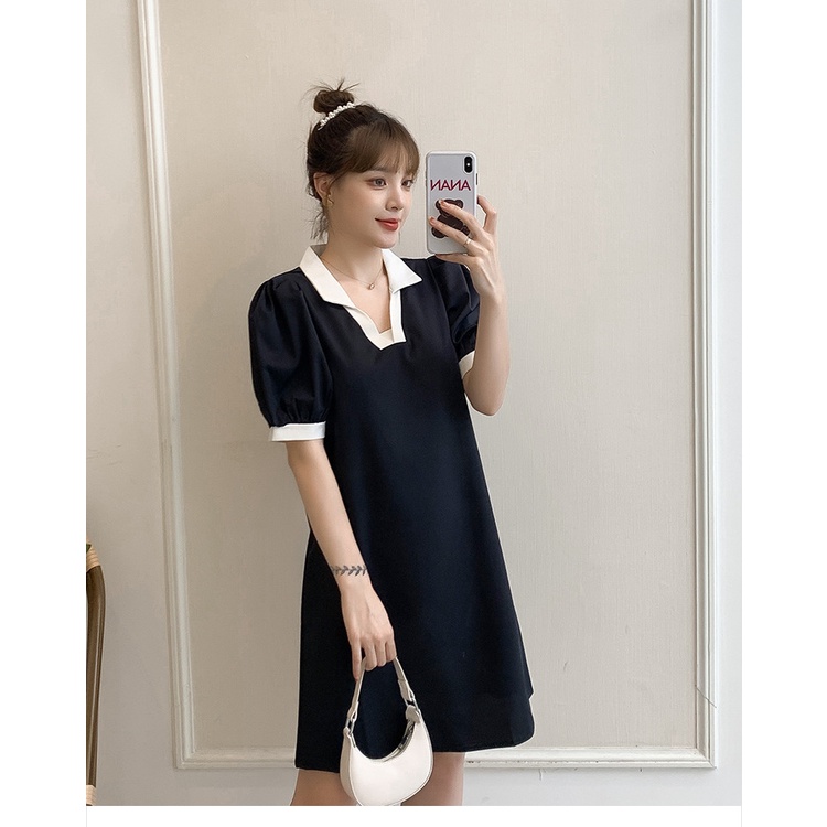 Đầm Polo Cổ Vuông Phối Màu Vai Bồng 🦋 Váy Nữ Dáng Suông Cộc Tay Màu Đen 🦋 | BigBuy360 - bigbuy360.vn